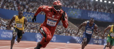 Slim Fit Red Motocross Xgames Avatar Cliffjumper Aka Usain V... — Stable Diffusion AI Prompt: slim fit red motocross Xgames avatar Cliffjumper aka Usain Volt aka U. Volt on f...