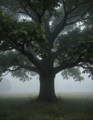 Photorealistic Photograph Of A Single Oak In A Field Of Fog,... — Stable Diffusion AI Prompt: Photorealistic photograph of a single oak in a field of fog, the canopy a dark c...