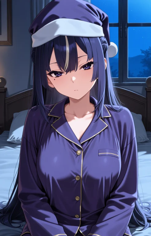 1girl, Solo Elsresleri, Purple Pajamas, Hair Down Mole Under...