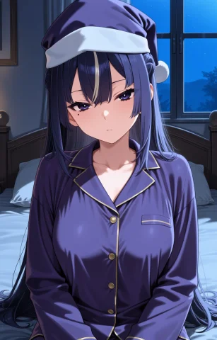1girl, Solo Elsresleri, Purple Pajamas, Hair Down Mole Under... — Stable Diffusion AI Prompt: 1girl, solo elsresleri, purple pajamas, (hair down) mole under eye indoors, room...