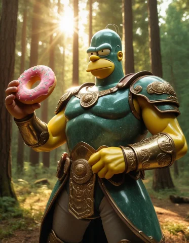 Homer Simpson, Clad In Ornate Jade Fantasy Armor With A Pink... — SDXL AI Prompt: Homer Simpson, clad in ornate jade fantasy armor with a pink-dusted donut at its...