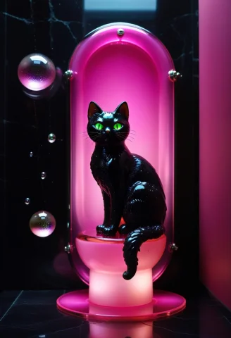 Novuschroma54 Style, A Funny Fluffy Black Cat Sitting On A P... — SDXL AI Prompt: novuschroma54 style, a funny fluffy black cat sitting on a pink toilet, holding...