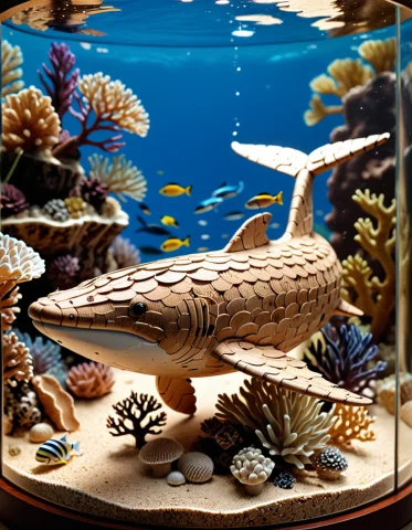 A Grand Cork Aquarium Filled With Sculpted Cork Water, Where... — SDXL AI Prompt: A grand cork aquarium filled with sculpted cork water, where a majestic cork wha...