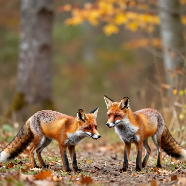 A Fox Family Playing In An Autumn Woodland, Low Angle Shot,...