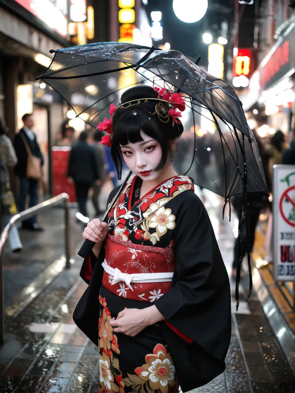A Photograph Of A Sinister Gothic Geisha Under A Blood Moon,...