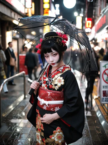 A Photograph Of A Sinister Gothic Geisha Under A Blood Moon,... — Stable Diffusion AI Prompt: A photograph of a Sinister Gothic Geisha under a blood moon, holding a black umb...
