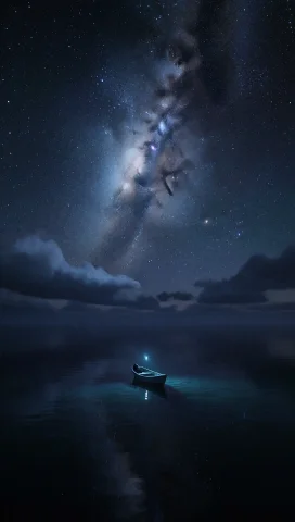 A Lone Small Boat Floats Motionless On A Vast, Perfectly Sti... — Stable Diffusion AI Prompt: A lone small boat floats motionless on a vast, perfectly still ocean under an ex...