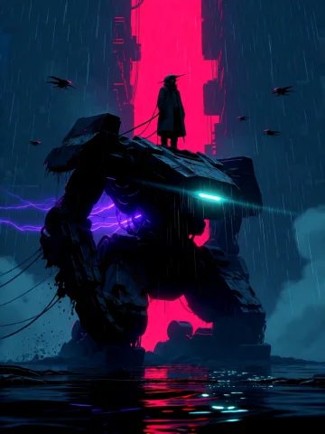 Illustration Artwork Epic Cyberpunk Night Scene, Low Angle W... — Stable Diffusion AI Prompt: illustration artwork Epic cyberpunk night scene, low angle wide shot of a lone m...