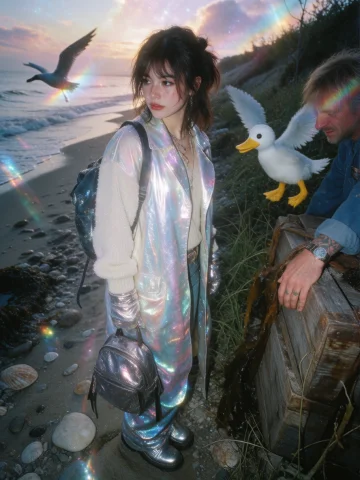 Young Woman Wearing A Chic Cardigan, Punk Trench Coat, And M... — Stable Diffusion AI Prompt: young woman wearing a chic cardigan, punk trench coat, and metallic mittens, sta...