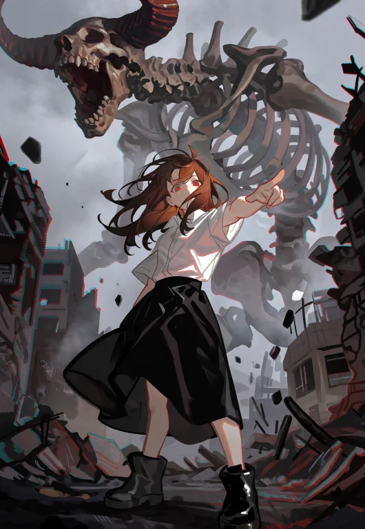 A Girl Stands Amid A Destroyed City, Her Long Brown Hair Whi...