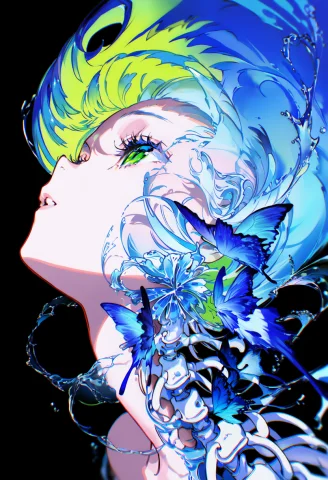 1girl, Green Eyes, Parted Lips, Long Hair, Blue Hair, Multic... — Stable Diffusion AI Prompt: 1girl, green eyes, parted lips, long hair, blue hair, multicolored hair, from si...