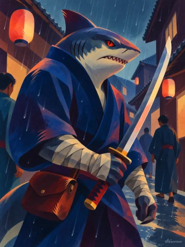 Vtxserrave, Digital Painting Of A Humanoid Shark Warrior In... — Stable Diffusion AI Prompt: vtxserrave, Digital painting of a humanoid shark warrior in a blue kimono holdin...
