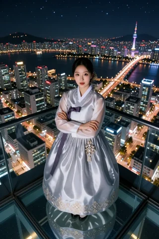 A Korean Woman Stands On A Glass Rooftop, Arms Crossed, Wear... — Stable Diffusion AI Prompt: a korean woman stands on a glass rooftop, arms crossed, wearing a flowing silver...
