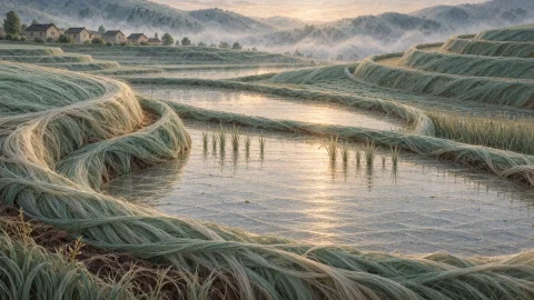Vtxlumtisse, A Serene 169 Panorama Of Terraced Hills At Dawn... — Stable Diffusion AI Prompt: vtxlumtisse, A serene 16:9 panorama of terraced hills at dawn, with shallow wate...
