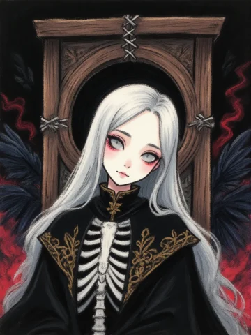 A Chilling And Haunting Dark Fantasy Gothic Illustration Of... — Stable Diffusion AI Prompt: A chilling and haunting dark fantasy gothic illustration of a pale porcelain mai...