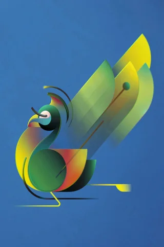 The Abstract Bird-like Subject Is Centered On A Blue Backgro... — FLUX AI Prompt: The abstract bird-like subject is centered on a blue background, facing left wit...