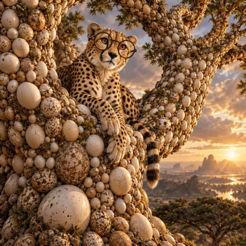 A Nerdy Cheetah Perched Gracefully Within The Deeply Grooved... — Stable Diffusion AI Prompt: A nerdy cheetah perched gracefully within the deeply grooved fork of a massive,...