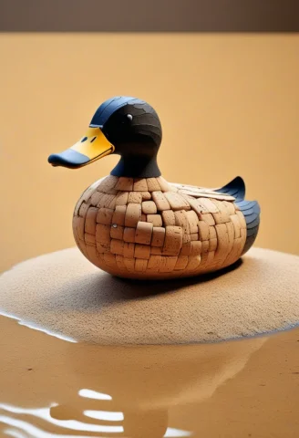 Corkworld, A Smug Cork Duck Floating Effortlessly In A Pond... — SDXL AI Prompt: corkworld, a smug cork duck floating effortlessly in a pond while a stone duck s...