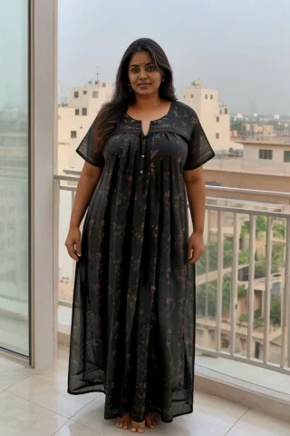 Photo Of An Indian Woman In A Black Maxi-nighty, Standing On... — Stable Diffusion AI Prompt: photo of an Indian woman in a black maxi-nighty, standing on a terrace, full bod...
