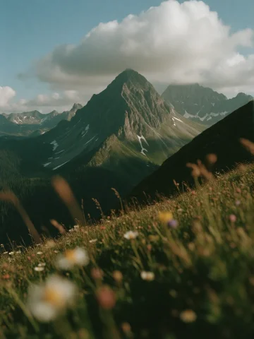 Atmospheric Grain Hybrid, Daytime Image Of A Mountain Range,... — Stable Diffusion AI Prompt: atmospheric grain hybrid, daytime image of a mountain range, wildflowers, depth...