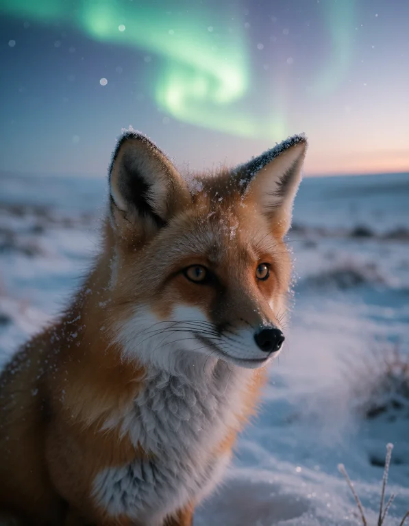 Photorealistic Dawn Photograph Of A Red Fox Sitting In Frost...