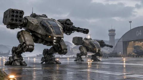 Two Sci Fi Mech Walkers, With Two Legs, Low Body, Hull Shape... — Stable Diffusion AI Prompt: Two sci fi mech walkers, with two legs, low body, hull shaped like helicopter co...