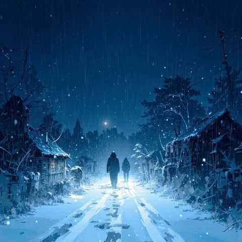 Create A Melancholic Illustration Artwork Depicting A Harsh... — FLUX AI Prompt: Create A melancholic illustration artwork depicting a harsh winter scene at nigh...