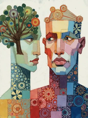 Bradhamel Art Style. A Vibrant, Stylized Diptych Painting Of... — Stable Diffusion AI Prompt: Bradhamel art style. A vibrant, stylized diptych painting of two towering, abstr...