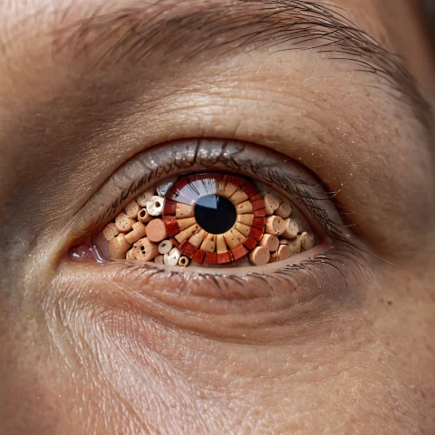 Close-up Of A Human Eye. Cork Eye Made Of Cork Pieces, Loral... — SDXL AI Prompt: close-up of a human eye. cork eye made of cork pieces, 