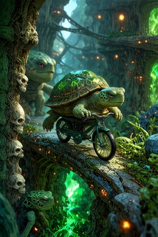 , , A Breathtaking Macro Photograph Of A Cute Real Green Tur... — Stable Diffusion AI Prompt: , , A breathtaking macro photograph of a cute real green turtle riding a tiny bi...