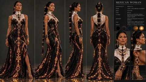 Change The Outfit Of The Women For A Black Glistening Dress... — Stable Diffusion AI Prompt: CHANGE THE outfit of the women for a black glistening dress with neo-aztec biolu...