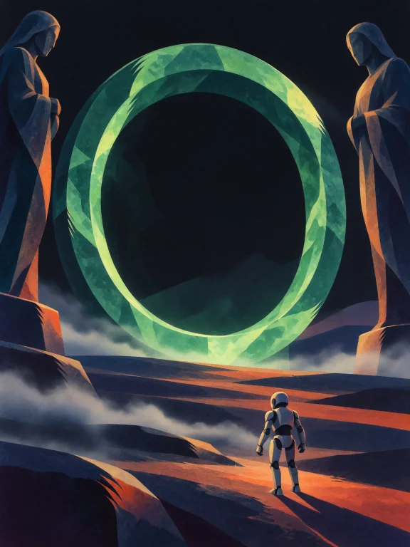 Vtxserrave, Tiny Robotic Figure Approaching An Enormous Circ...