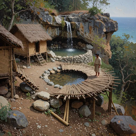 This Is A Detailed Impasto Oil Painting Depicting A Rustic V... — Stable Diffusion AI Prompt: This is a detailed impasto oil painting depicting a rustic village along a cliff...