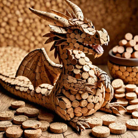 Corkworld, A Cute Dragon Made Of Cork Curled Around A Cork T... — SDXL AI Prompt: corkworld, a cute dragon made of cork curled around a cork treasure pile of cork...