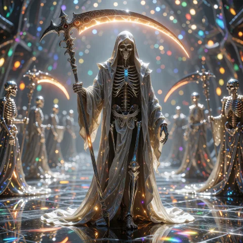 A Digital Rendering Showcases A Tall, Imposing Figure Resemb... — Stable Diffusion AI Prompt: a digital rendering showcases a tall, imposing figure resembling a grim reaper,...