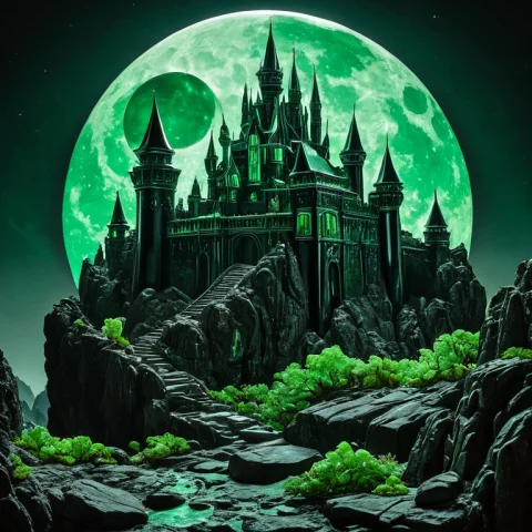 A Fairytale Castle On A Rocky Cliff At Night Under A Full Mo... — SDXL AI Prompt: a fairytale castle on a rocky cliff at night under a full moon, wide shot, from...