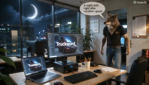 An Office In Germany At Night. Through The Large Window, You... — Stable Diffusion AI Prompt: An office in Germany at night. Through the large window, you can see a crescent...