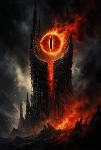 The Eye Of Sauron As A Colossal, All-seeing Fiery Eye Blazin... — Stable Diffusion AI Prompt: The Eye of Sauron as a colossal, all-seeing fiery eye blazing from the summit of...