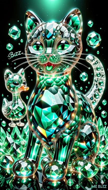 Tongue Showing Cat Offering A Jade Glossy Green Rubber Duck...