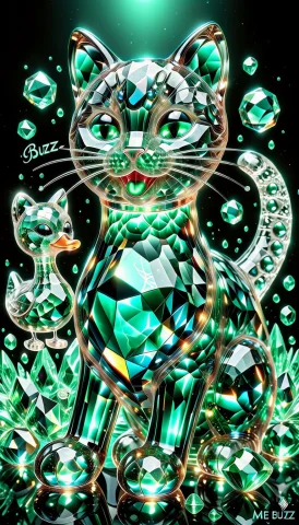 Tongue Showing Cat Offering A Jade Glossy Green Rubber Duck... — SDXL AI Prompt: Tongue showing cat offering a jade glossy green Rubber duck friend made of glass...