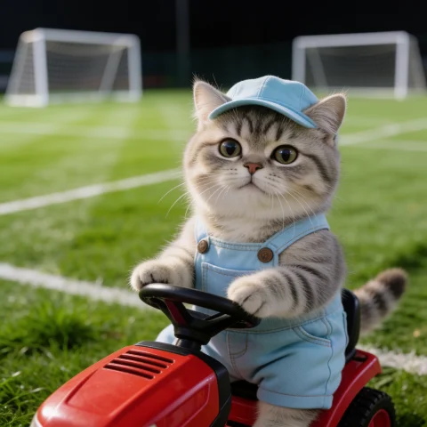 A Very Small Cat Is Sitting On A Very Small Red Ride-on Lawn... — Stable Diffusion AI Prompt: A very small cat is sitting on a very small red ride-on lawnmower and working as...