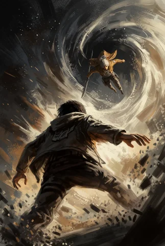 Image Is A Dynamic Digital Painting Depicting An Intense Act... — Stable Diffusion AI Prompt: Image is a dynamic digital painting depicting an intense action scene. The layou...