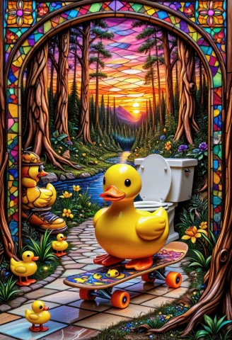 A Rubber Duck In The Forest At Sunset, Sitting, Toilet, Toil... — SDXL AI Prompt: a rubber duck In the forest at sunset, sitting, toilet, toilet balancing over a...
