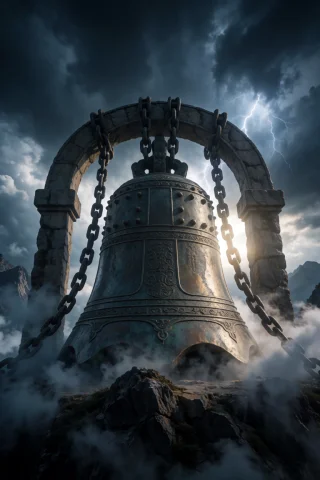 A Colossal Ancient Bronze Bell Standing Alone On A Mountain... — Stable Diffusion AI Prompt: A colossal ancient bronze bell standing alone on a mountain peak, massive ornate...