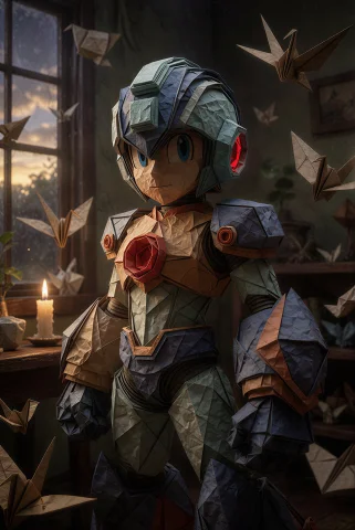 The Megaman Is Standing In A Dark, Moody Atmosphere With Amb... — Stable Diffusion AI Prompt: The megaman is standing in a dark, moody atmosphere with ambient lighting. His a...