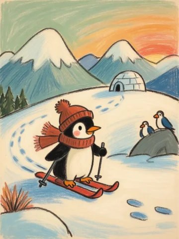 Childrens Picture-book Illustration, A Small Penguin Wearing... — Stable Diffusion AI Prompt: Children’s picture-book illustration, a small penguin wearing a knitted rust-ora...