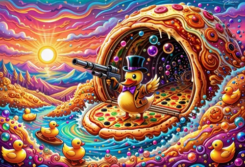 Lazypos, Novuschroma54 Style, Anthropomorphic Duck Standing... — SDXL AI Prompt: lazypos, novuschroma54 style, anthropomorphic duck standing in tank hatch, yello...