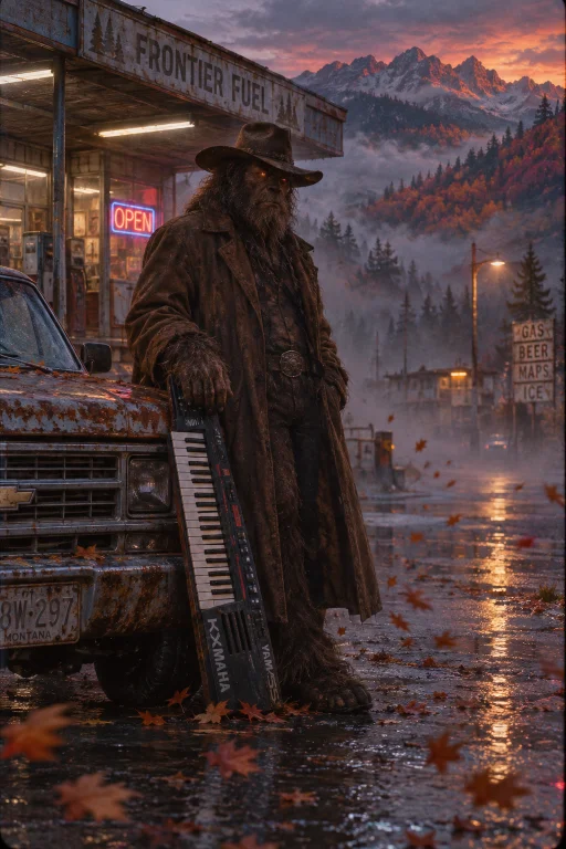 Realistic 1980s Dark Fantasy Film Still, A Solemn Bigfoot Co...