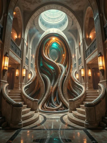 Ash, A Grand Art Deco Cinema Lobby, Sweeping Symmetrical Sta... — Stable Diffusion AI Prompt: ASH, a grand Art Deco cinema lobby, sweeping symmetrical staircases, geometric m...