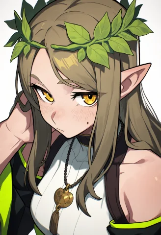 A Fair-skinned Elven Character With Long, Light Brown Hair A... — Stable Diffusion AI Prompt: A fair-skinned elven character with long, light brown hair and pointed ears is p...
